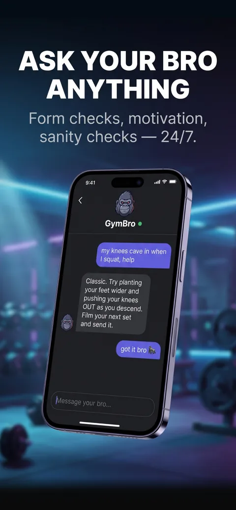 GymBro AI — chatting with the coach about squat form