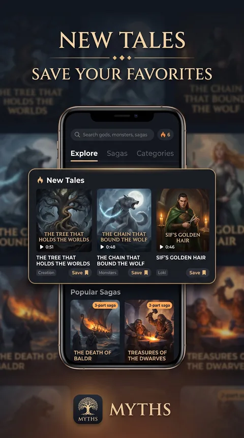 Myths — the Explore tab with new tales and popular sagas